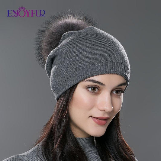 ENJOYFUR hiver femmes vraie fourrure pom pom chapeaux laine tricoté épais chaud doublé bonnets chapeau dame mode bobble ski casquettes