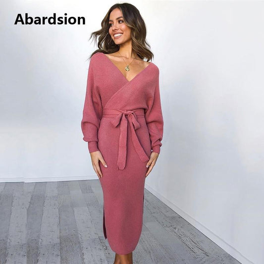 Abardsion Women Knitted Sweater Dress Wrap Belted Tunic Midi Vestidos Long Sleeve Double V Neck Split Casual Autumn Dresses 2019