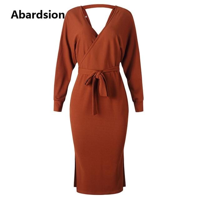 Abardsion Women Knitted Sweater Dress Wrap Belted Tunic Midi Vestidos Long Sleeve Double V Neck Split Casual Autumn Dresses 2019