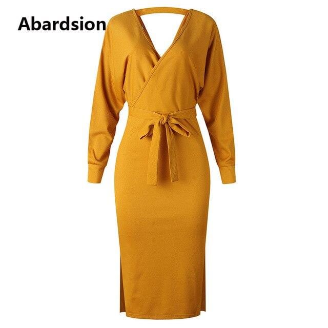 Abardsion femmes tricoté robe pull Wrap ceinturé tunique Midi robes à manches longues Double col en V fendu décontracté automne robes 2019