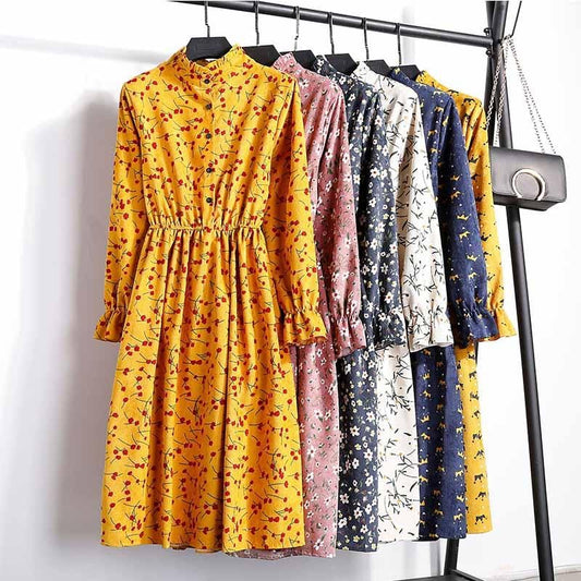 Automne robe femmes 2019 velours côtelé grande taille à manches longues robes en coton chemise florale cerise tunique hiver Harajuku Mori robe de soirée