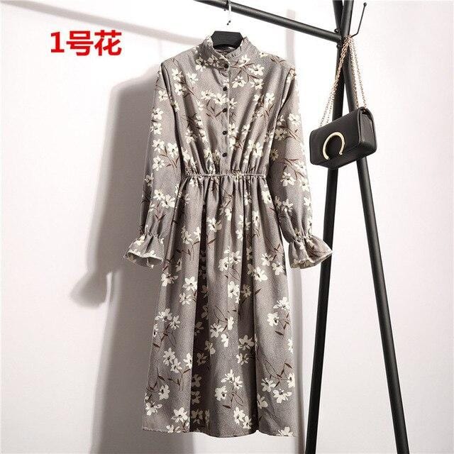 Automne robe femmes 2019 velours côtelé grande taille à manches longues robes en coton chemise florale cerise tunique hiver Harajuku Mori robe de soirée