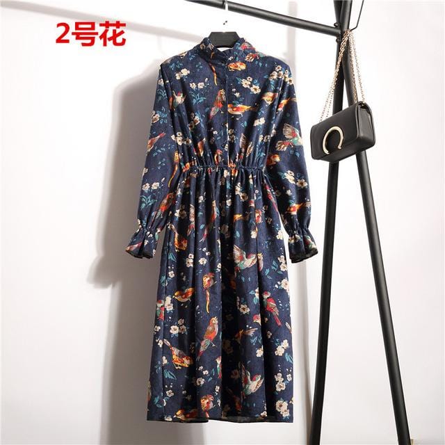 Automne robe femmes 2019 velours côtelé grande taille à manches longues robes en coton chemise florale cerise tunique hiver Harajuku Mori robe de soirée