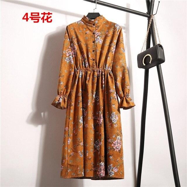 Automne robe femmes 2019 velours côtelé grande taille à manches longues robes en coton chemise florale cerise tunique hiver Harajuku Mori robe de soirée