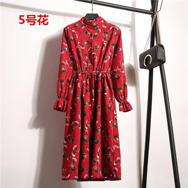 Autumn Dress Women 2019 Corduroy Plus Size Long Sleeve Cotton Dresses Floral Cherry Shirt Tunic Winter Harajuku Mori Party Dress