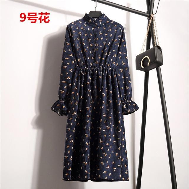 Autumn Dress Women 2019 Corduroy Plus Size Long Sleeve Cotton Dresses Floral Cherry Shirt Tunic Winter Harajuku Mori Party Dress