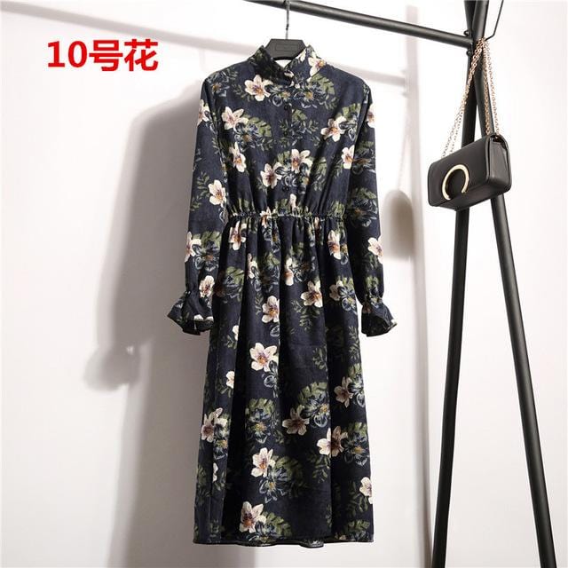 Automne robe femmes 2019 velours côtelé grande taille à manches longues robes en coton chemise florale cerise tunique hiver Harajuku Mori robe de soirée