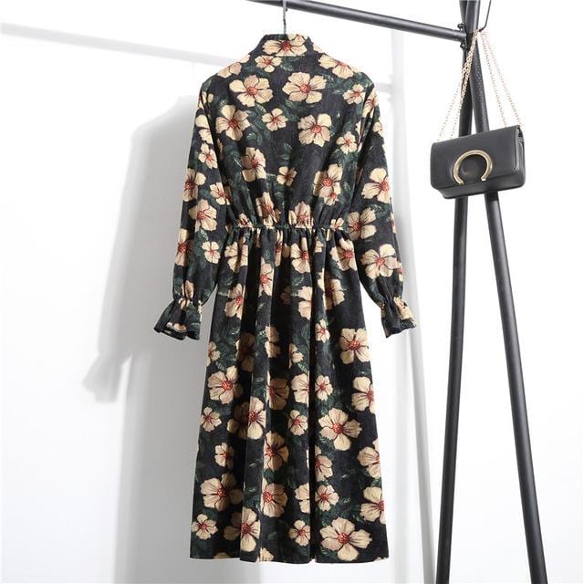 Automne robe femmes 2019 velours côtelé grande taille à manches longues robes en coton chemise florale cerise tunique hiver Harajuku Mori robe de soirée