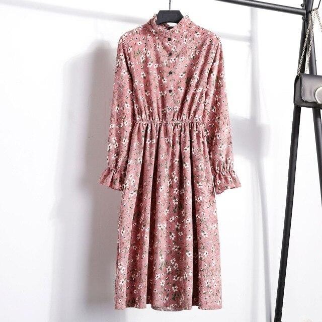 Automne robe femmes 2019 velours côtelé grande taille à manches longues robes en coton chemise florale cerise tunique hiver Harajuku Mori robe de soirée