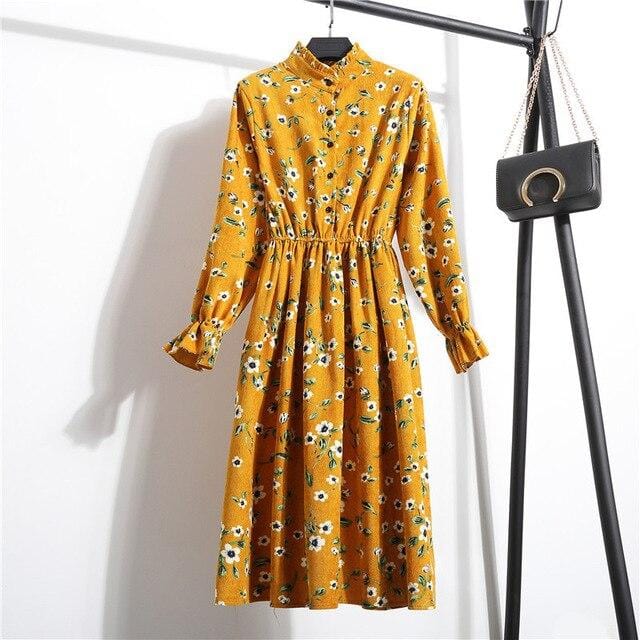 Autumn Dress Women 2019 Corduroy Plus Size Long Sleeve Cotton Dresses Floral Cherry Shirt Tunic Winter Harajuku Mori Party Dress