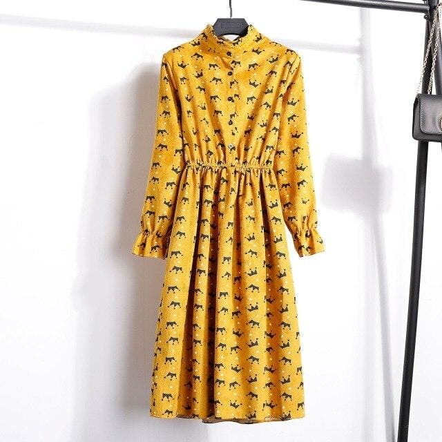 Autumn Dress Women 2019 Corduroy Plus Size Long Sleeve Cotton Dresses Floral Cherry Shirt Tunic Winter Harajuku Mori Party Dress