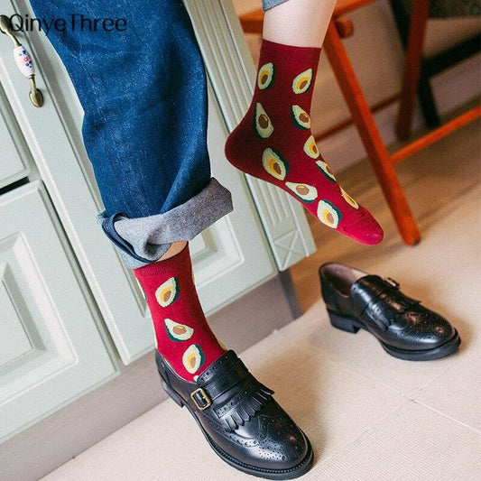 Summer Korean Happy Fruits Socks Lemon Avocado Pineapple Cherry Blueberry Orange Gardenias Banana Leaves Printed Unisex sox