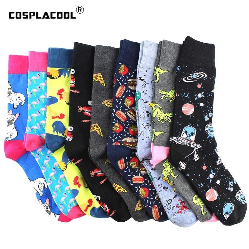 Chaussettes amusantes en coton pour hommes, nourriture créative, planète Alien, nouveauté Design, équipe de dinosaures, chaussettes de Skateboard, Calcetines Hombre