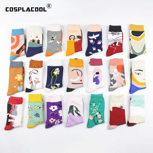 Harajuku japanische lustige Socken Kunst abstrakte Blumen Vogel Muster süße Socken Frauen glücklich kreative Divertidos Skarpetki Crew Sokken