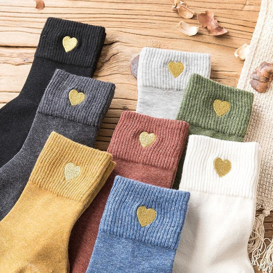 Chaussettes chaudes et épaisses en laine pour femme, motif d'amour brodé, automne et hiver, chaussettes chaudes kawaii pour femme