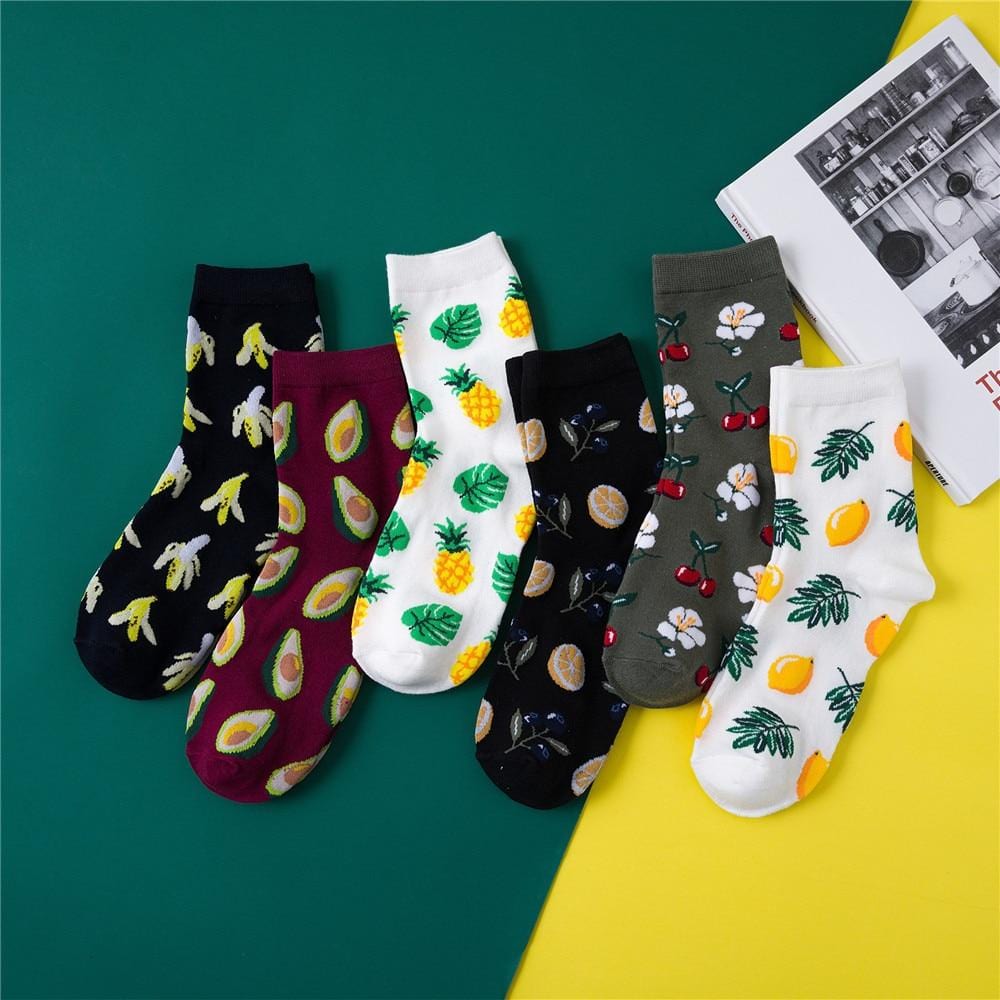 Harajuku Avocado Pineapple Print Cotton Ladies Socks Women Middle Tube Cute Fruits Happy Funny Socks Sox Casual College Wind