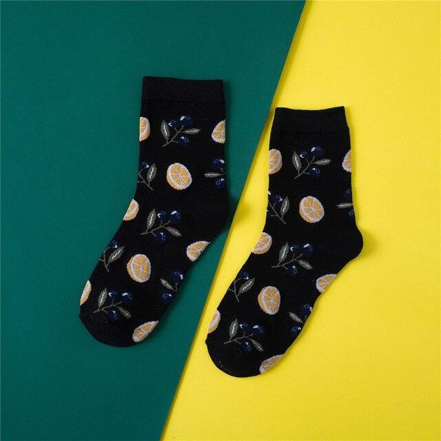 Harajuku Avocado Pineapple Print Cotton Ladies Socks Women Middle Tube Cute Fruits Happy Funny Socks Sox Casual College Wind