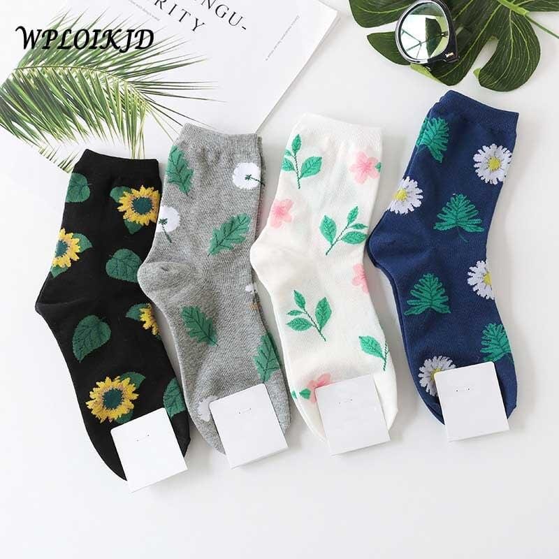 Jacquard/plantes fleurs mignonnes motif impression chaussettes d'art femmes pissenlit/tournesol chaussettes mode doux Calcetines Sokken