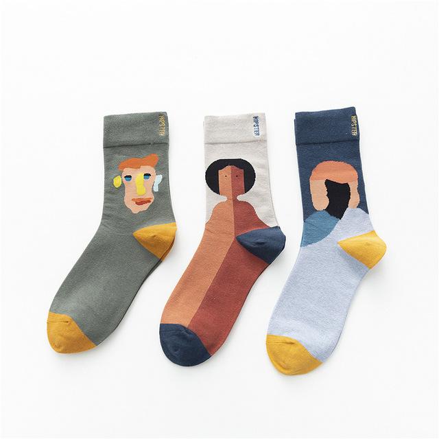 3 Pairs/lot Winter Retro Women Van Gogh Modern Oil Paint Cotton Mural World Famous Socks Art Abstract Happy Funny Women Socks