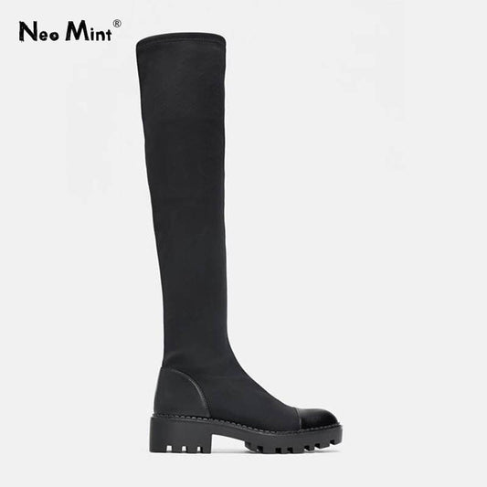 2019 Slim Stretch Lycra genou bottes plate-forme bottes d'hiver femmes bottes longues chaussures d'hiver femmes chaussettes bottes sur les bottes au genou