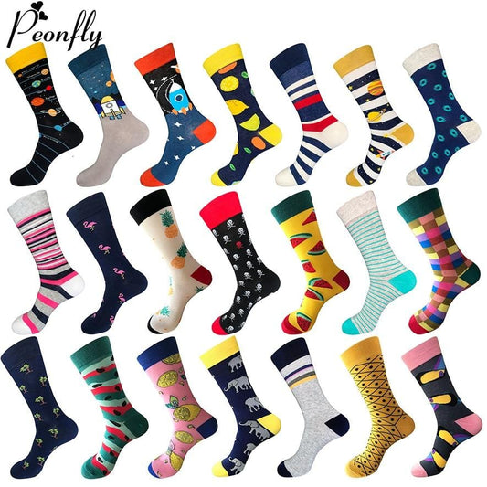 PEONFLY 80% Cotton Men's Socks Harajuku Colorful Cartoon Funny Kawaii Flamingo Space Lemon Happy Socks For Christmas Gift