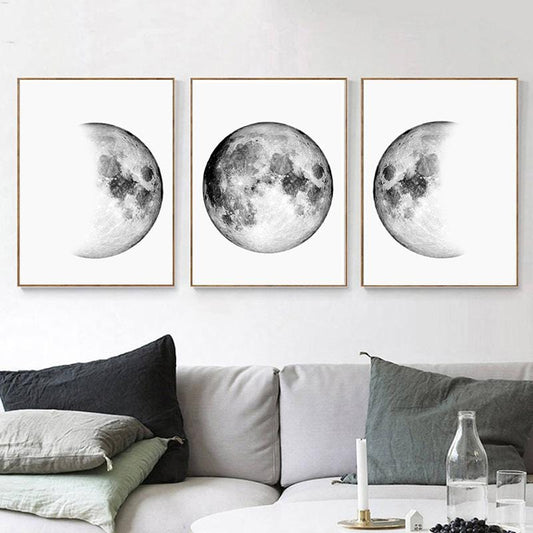 Peintures sur toile minimalistes avec Phases de lune, affiches murales noires et imprimés blancs, images de terre pour décor de chambre à coucher et de salon