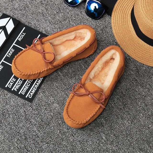 2020 Shoes Women Winter Warm 100% Genuine Leather Flat Shoes Casual Loafers Slip on Women's Flats Plush Shoes Moccasins Lady