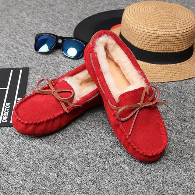 2020 Shoes Women Winter Warm 100% Genuine Leather Flat Shoes Casual Loafers Slip on Women's Flats Plush Shoes Moccasins Lady