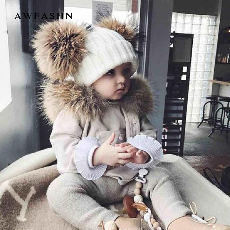 Winter Baby Knit Beanie Hat Crochet Double Natural Raccoon Pompom Hat Girls/Boys Soft Cap Real Fur Child Caps Fashion Kids Warm