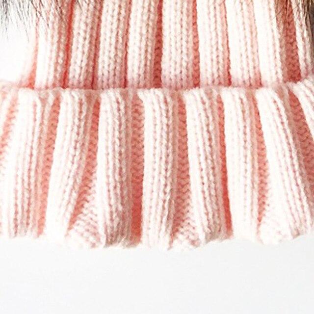 Hiver bébé tricot bonnet chapeau Crochet Double naturel raton laveur pompon chapeau filles/garçons casquette douce vraie fourrure enfant casquettes mode enfants chaud