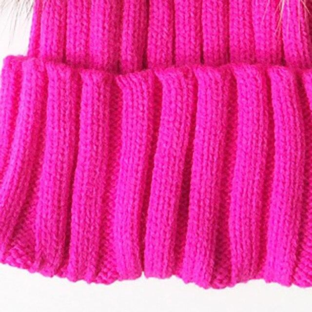 Hiver bébé tricot bonnet chapeau Crochet Double naturel raton laveur pompon chapeau filles/garçons casquette douce vraie fourrure enfant casquettes mode enfants chaud