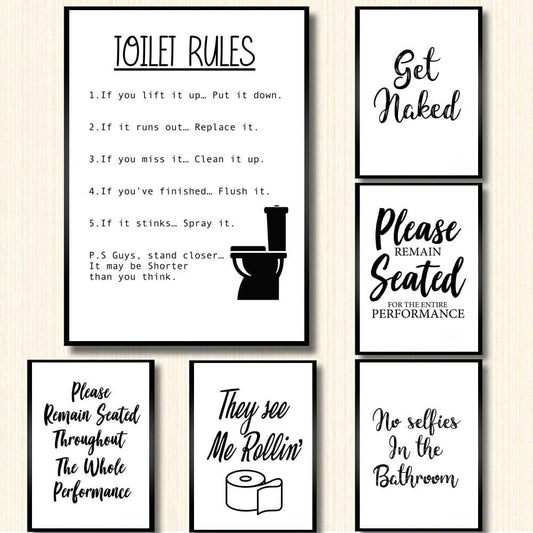 Wall Art Canvas Painting Funny Bathroom Rules Sign Nordic Black White Poster Prints Toilet Humour Pictures Bathroom Home Decor