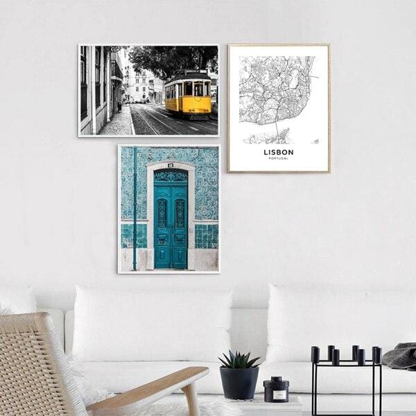 Lisbon Portugal City Map Poster Prints Portuguese Tiles Blue Door Vintage Wall Art Canvas Painting City Photography Home Decor