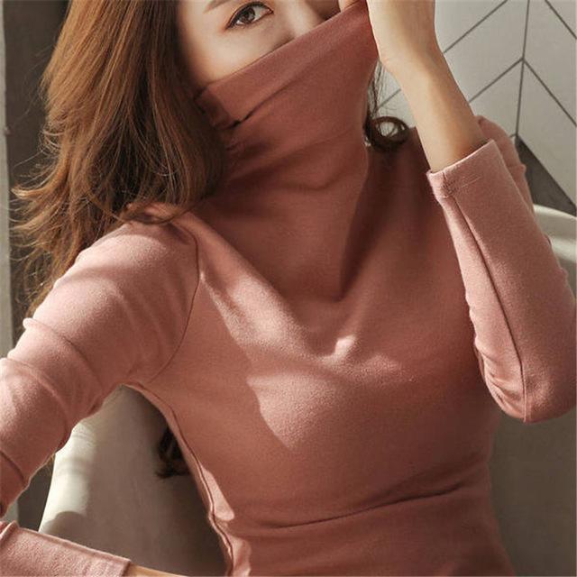 Autumn High collar bottoming shirt female long-sleeved t-shirt solid color Korean women's warm Slim female wild shirt plus size