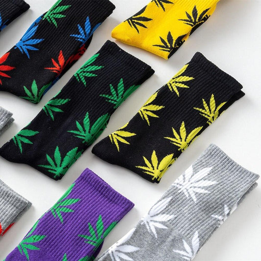 Unisex Men Women Socks Cotton Happy Funny Hemp Leaf Maple Print Socks Harajuku Casual Street Style Weed Comfortable Mid-Tube Sox