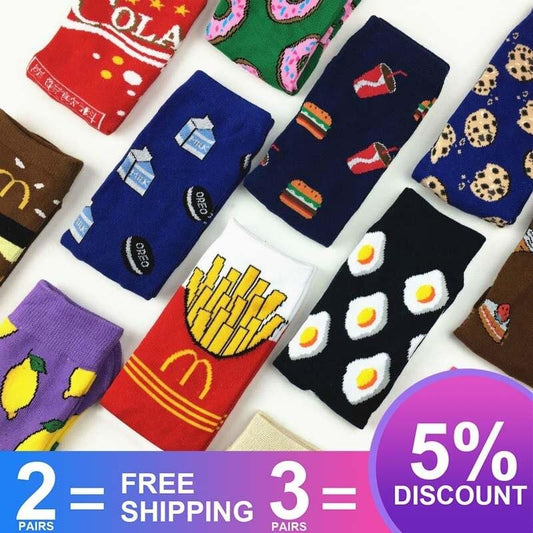 Harajuku Happy chaussettes unisexe drôle dessin animé fruits avocat banane Burger frites bière Biscuit poulet frit nourriture chaussettes Skateboard-8