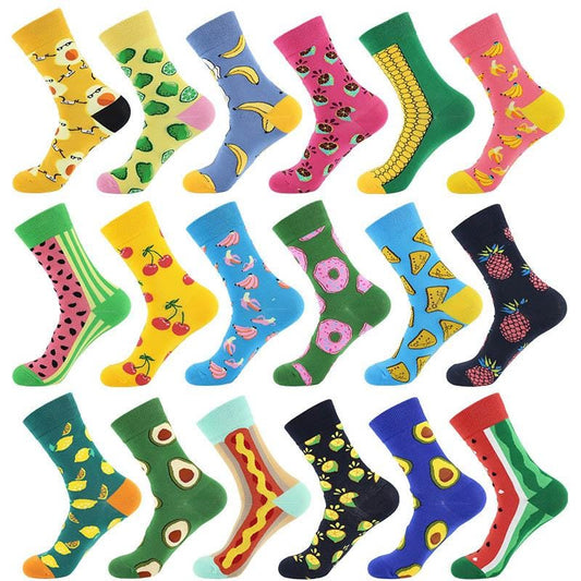 Chaussettes unisexes, dessin animé drôle et mignon, Fruits, banane, avocat, œuf, biscuits, beignets, nourriture heureuse japonaise, chaussettes de skateboard Harajuku pour femmes