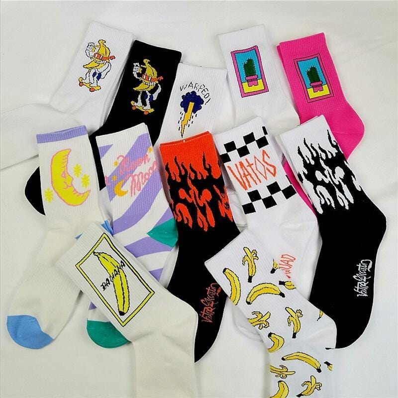 Style coréen mode fun hip hop skateboard chaussettes style de rue dessin animé banane cactus lune flamme chaussettes unisexe heureux longues chaussettes