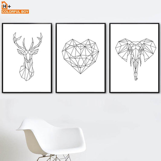 Geometry Deer Elephant Heart Wall Art Canvas Painting Nordic Posters And Prints Black White Wall Pictures For Living Room Decor