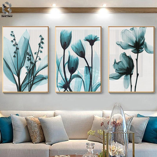 Nordic Canvas Painting Flowers Poster Blue Floral Wall Art Print for Vintage Living Room Decorative Wall Pictures