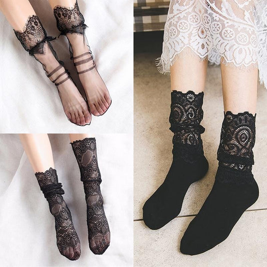 Vente Sexy rétro dentelle florale maille femmes fille chaussettes élastique 2018 été mode dame Transparent chaussettes courtes