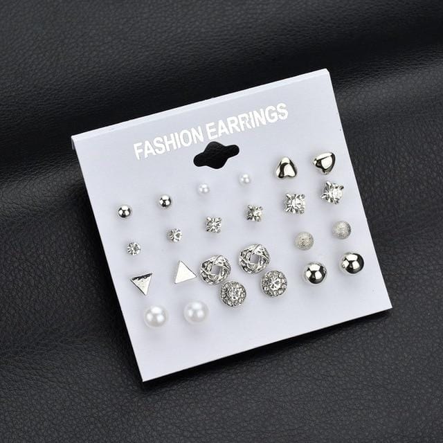 MissCyCy 25 Style Heart Flowers Infinite Symbol Stud Earrings Set 2019 New Rhinestone imitation Pearl Earrings For Women Gift