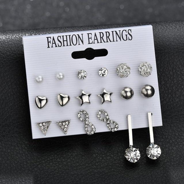 MissCyCy 25 Style Heart Flowers Infinite Symbol Stud Earrings Set 2019 New Rhinestone imitation Pearl Earrings For Women Gift