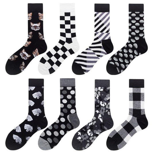 Chaussettes Style Harajuku pour hommes, à carreaux noirs et blancs, motif de chat à pois, chaussettes joyeuses, Hip Hop, en coton peigné, nouvelle collection 2020