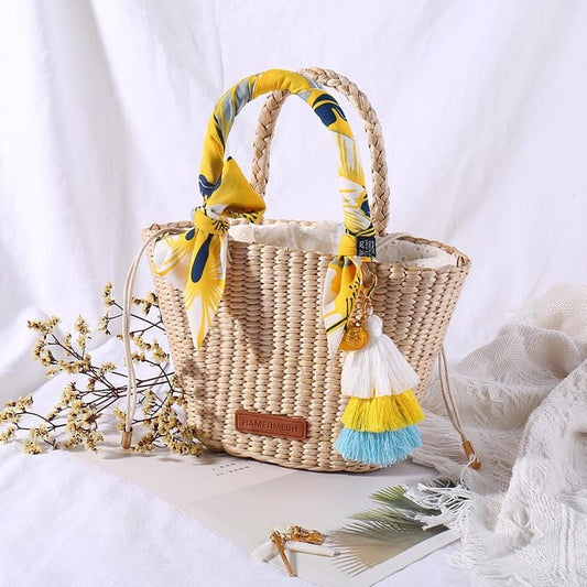 Natural Basket Handmade Straw bag Woven Handbags Sea Grass Beach Bag Top Handle Bag Wedding Gift Small Size