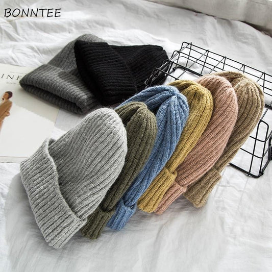 Mützen Frauen 2019 Neue Solide Strick Warme Weiche Trendy Hüte Einfache Koreanischen Stil Frauen Wolle Beiläufige Kappen Elegante Alle-spiel Beanie