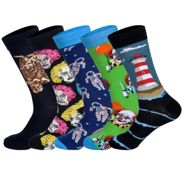 LIONZONE 5 paires/lot printemps nouveau arrivé chaussettes heureuses hommes drôle Art BritishStyle Streetwear Hip Hop concepteur équipage chaussettes boîte-cadeau