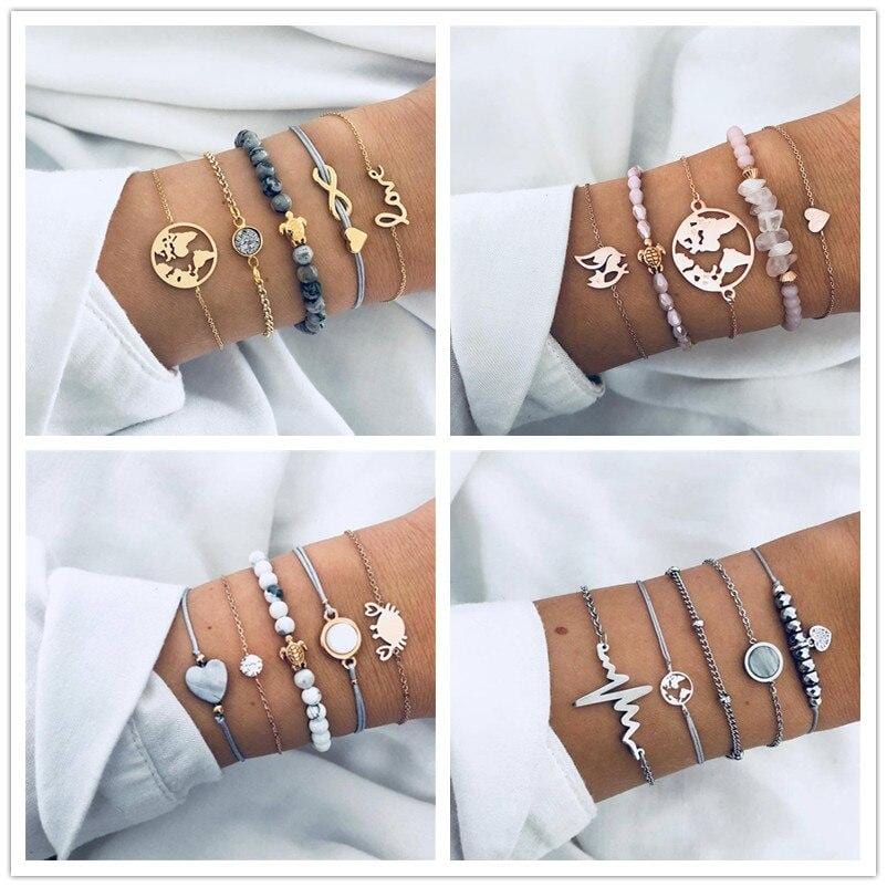 LWMMD 5pcs/set Bohemian Love Charm Bracelets Bangles For Women Fashion Gold Color Strand Bracelets Sets Jewelry bohemian