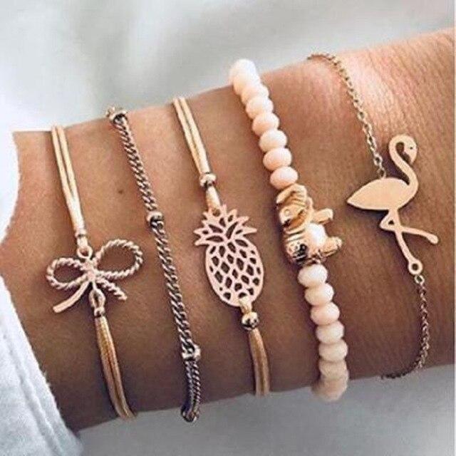 LWMMD 5pcs/set Bohemian Love Charm Bracelets Bangles For Women Fashion Gold Color Strand Bracelets Sets Jewelry bohemian