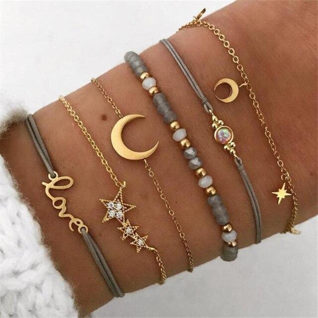 LWMMD 5pcs/set Bohemian Love Charm Bracelets Bangles For Women Fashion Gold Color Strand Bracelets Sets Jewelry bohemian